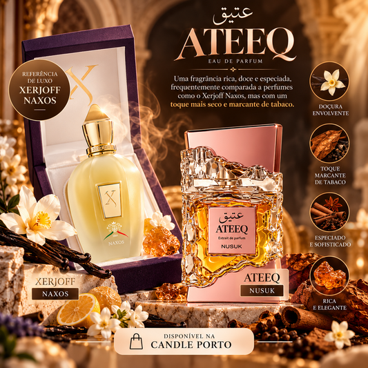 Ateeq da Nusuk Extrait de Parfum: o perfume árabe doce, especiado e com tabaco que lembra Xerjoff Naxos — disponível na Candle Porto