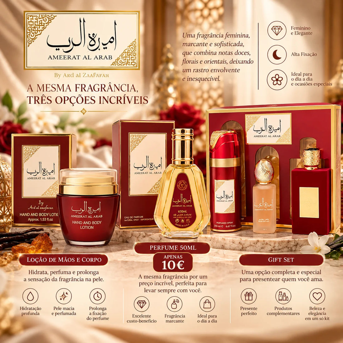 Ameerat Al Arab Ard Al Zaafaran: uma fragrância marcante, Gift Set, 50 ml por 10€ e até loção para corpo e mãos