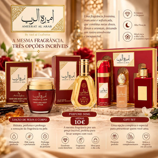 Ameerat Al Arab Ard Al Zaafaran: uma fragrância marcante, Gift Set, 50 ml por 10€ e até loção para corpo e mãos