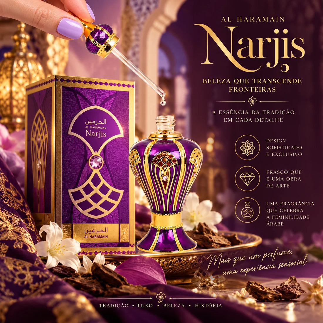 Narjis Al Haramain: o perfume oil que une flores, tradição árabe e um frasco que parece uma joia
